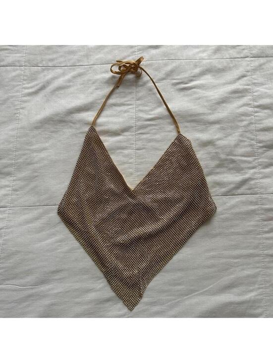 Tops - Gold mesh rhinestone halter top with tie neck and tie back